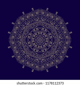 Golden ornamental laced vector rosette- mandala on dark background