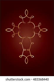 golden ornamental line art decorative cross on a red background, vintage elegant vector illustration