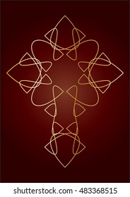 golden ornamental line art decorative cross on a red background, vintage elegant vector illustration