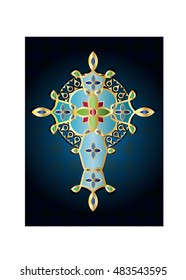 golden ornamental line art decorative cross, jewelery style with gems, on blue background, vintage elegant vector illustration