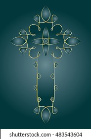 golden ornamental line art decorative cross on a red background, vintage elegant vector illustration