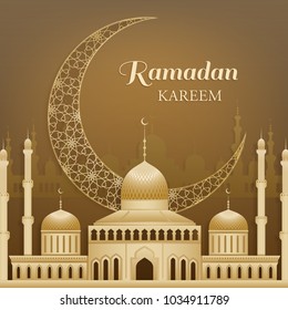 Golden ornamental moon and silhouettes of a mosques with congratulation text Ramadan kareem. Decorated beautiful greeting card for muslim community festival.