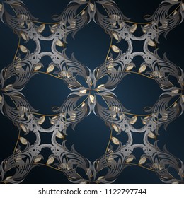 Golden ornamental pattern on blue, gray and green colors with golden elements. Ornamental vintage pattern on blue, gray and green colors with golden elements. Christmas, snowflake, new year.
