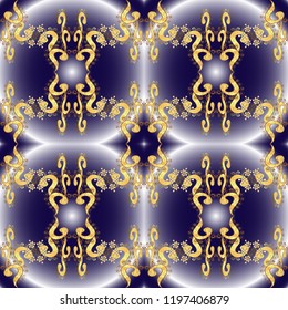 Golden ornamental pattern on blue, neutral and violet colors with golden elements. Ornamental vintage pattern on blue, neutral and violet colors with golden elements. Christmas, snowflake, new year.