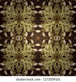 Golden ornamental pattern on brown, neutral and yellow colors with golden elements. Ornamental vintage pattern on brown, neutral and yellow colors with golden elements. Christmas, snowflake, new year.