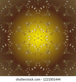 Golden ornamental pattern on brown, yellow and beige colors with golden elements. Ornamental vintage pattern on brown, yellow and beige colors with golden elements. Christmas, snowflake, new year.