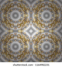 Golden ornamental pattern on gray, neutral and brown colors with golden elements. Vector abstract background with repeating elements. Vector illustration. Ornamental damask classic golden pattern.