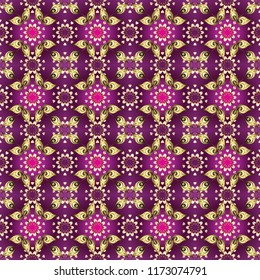 Golden ornamental pattern on purple, brown and beige colors with golden elements. Ornamental vintage pattern on purple, brown and beige colors with golden elements. Christmas, snowflake, new year.