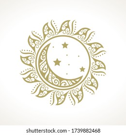 golden ornamental sun, moon and stars, vector