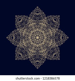 Golden ornamental vector rosette- snowflake on dark background