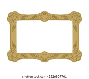 Quadro ornamentado dourado. Lugar para retratos, paisagens e naturezas-mortas. Enquadramento caro para um espelho, pintura ou fotografia. Inserir para texto. Ilustração de vetor plano.