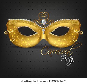 Golden ornamented mask Vector realistic. Stylish Masquerade Party. Mardi Gras card invitation. Night Party Poster. Dance Flyer. Musical festival banner templates