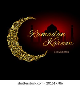 Golden ornate crescent with mosque on black and red background.  Greeting card of holy Muslim month Ramadan