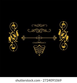 Elementos decorativos adornados dorados sobre fondo negro, diseño elegante