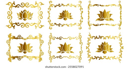 golden ornate decorative vintage lotus frames and scroll elements. Classic calligraphy swirls, swashes, dividers. Good for greeting cards, wedding invitations, restaurant menu, royal certificates.