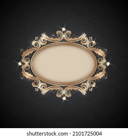 Golden ornate ellipse frame on decorated wallpaper - gold circle with floral decorations. Luxury retro styled banner with swirls and scrolls. Vip metal banner.