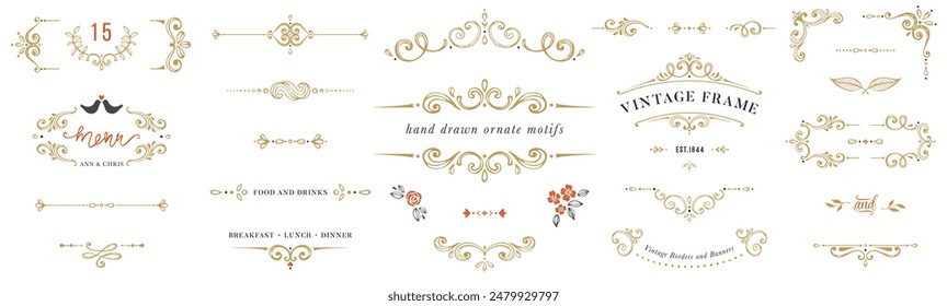 Golden ornate handdrawn elements, frames, labels, scroll, logos, floral motifs. For page decoration, branding, graphic design, packaging, stickers, business and greeting cards, invitations, menu. 