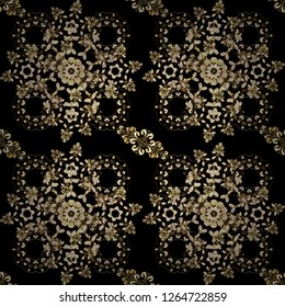 Golden ornate illustration for wallpaper. Ornamental lace tracery. Vintage design element in Eastern style. Vector seamless pattern with floral ornament. Traditional arabic decor on black, brown color