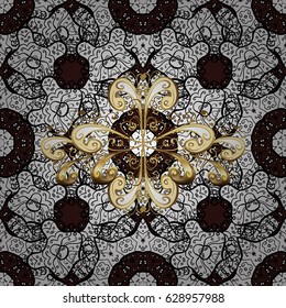 Golden ornate illustration for wallpaper. Ornamental lace tracery. Vector pattern with floral ornament. Vintage design element in Eastern style. Traditional arabic decor on brown background.