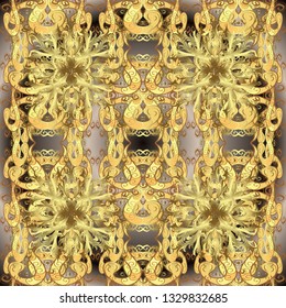 Golden ornate illustration for wallpaper. Traditional arabic decor on yellow and brown colors. Vintage element in Eastern style. Ornamental lace tracery. Vector seamless pattern with floral ornament.