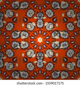 Golden ornate illustration for wallpaper. Traditional arabic decor on orange and black colors. Vector seamless pattern with floral ornament. Ornamental lace tracery. Vintage design in Eastern style.