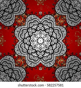 Golden ornate illustration for wallpaper. Traditional arabic decor on red background. Vintage design element in Eastern style. Vector with floral ornament. Ornamental lace tracery.