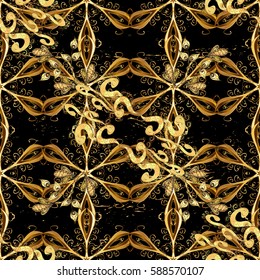 Golden ornate illustration for wallpaper. Traditional arabic decor on black background. Ornamental lace tracery. Vintage design element in Eastern style. Vector pattern with floral ornament.