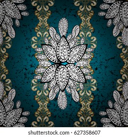 Golden ornate illustration for wallpaper. Traditional arabic decor on blue background. Ornamental lace tracery. Vintage design element in Eastern style. Vector pattern with floral ornament.