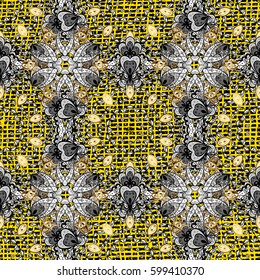 Golden ornate illustration for wallpaper. Vintage design element in Eastern style. Ornamental lace tracery. Vector pattern with floral ornament. Traditional arabic decor on yellow background.