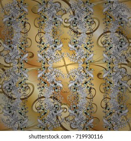 Golden ornate illustration for wallpaper. Vintage design element in Eastern style. Vector ornamental pattern with floral ornament. Traditional arabic decor on beige, white and yellow colors.