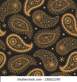 Golden ornate indian seamless pattern. Rich oriental background with many cute details. Gorgeous abstract fabric texture