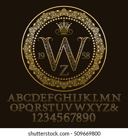 Golden ornate letters and numbers with W initial monogram. Decorative patterned font for logo design. Isolated english vintage alphabet, figures.