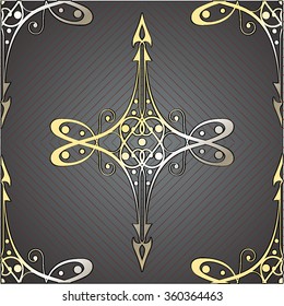 Golden ornate pattern with pick-shaped bits, which is framed by hatching on dark gray background, vector
