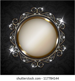 Golden ornate round frame on decorated wallpaper - gold circle with floral decorations