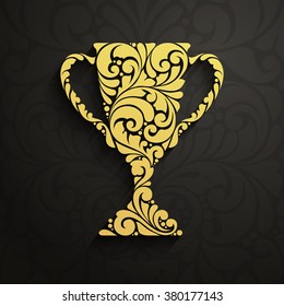 Golden ornate trophy cup first place winner award. Decorative winner cup symbol icon design element logo on pattern background. Vector illustration, banner, poster, business sign, identity, branding
