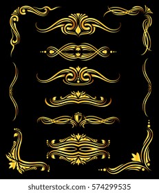 Golden ornate vector borders and corner elements over black. Template of abstract decor elements illustration