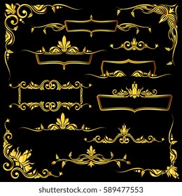 Golden ornate vector frames, borders and corner elements set