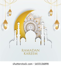 Golden Ornate vector illustrator, Ramadon Kareem concept with golden crescent and lantern on white background