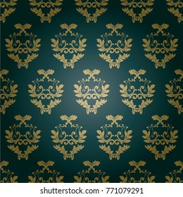Golden ornate wallpaper pattern on green background