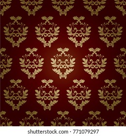 Golden ornate wallpaper pattern on burgundy background