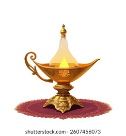 Golden ornated lamp with lit on white background
