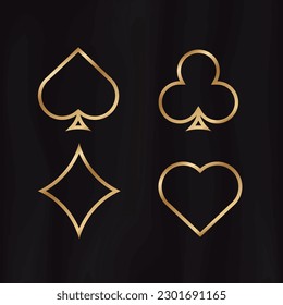 Golden outline card suits. Yellow gradient symbol of gambling luck in poker and successful game in casino with blackjack and bets vector