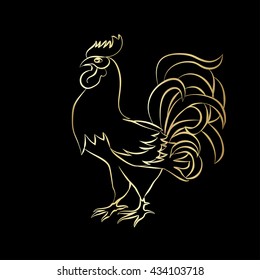 Golden outline of an cock is on a black background