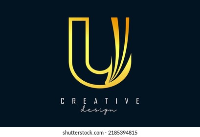 Golden Outline Creative letter U logo with leading lines and road concept design. Letter U with geometric design. Vector Illustration with letter and cuts.