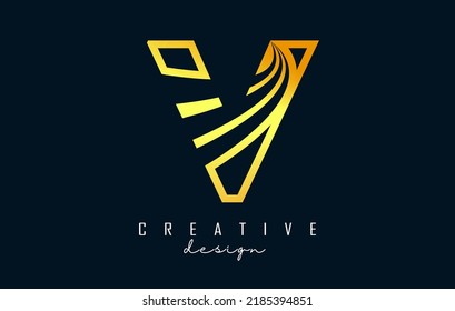 Golden Outline Creative letter V logo with leading lines and road concept design. Letter V with geometric design. Vector Illustration with letter and cuts.