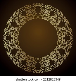 Golden outline doodle floral frame template. Vector decorative line art border. Elegant lace, isolated design element for the invitation, greeting card in Eastern style, a place for the text. Gold and