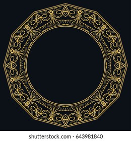 Golden outline doodle floral frame template. Vector decorative line art border. Elegant lace, isolated design element for invitation, greeting card in Eastern style, place for the text. Gold and black