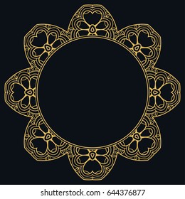 Golden outline doodle floral frame template. Vector decorative line art border. Elegant lace, isolated design element for invitation, greeting card in Eastern style, place for the text. Gold and black