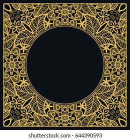 Golden outline doodle floral frame template. Vector decorative line art border. Elegant lace, isolated design element for invitation, greeting card in Eastern style, place for the text. Gold and black