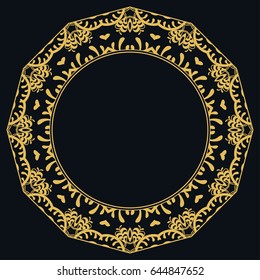Golden outline doodle floral frame template. Vector decorative line art border. Elegant lace, isolated design element for invitation, greeting card in Eastern style, place for the text. Gold and black